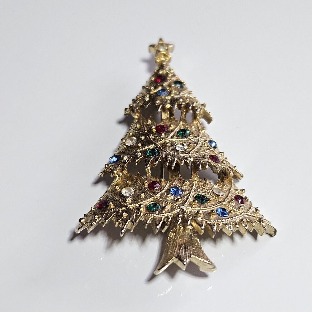 Vintage Eisenberg Ice Gold Tone Textured Christmas Tree Brooch Multicolored